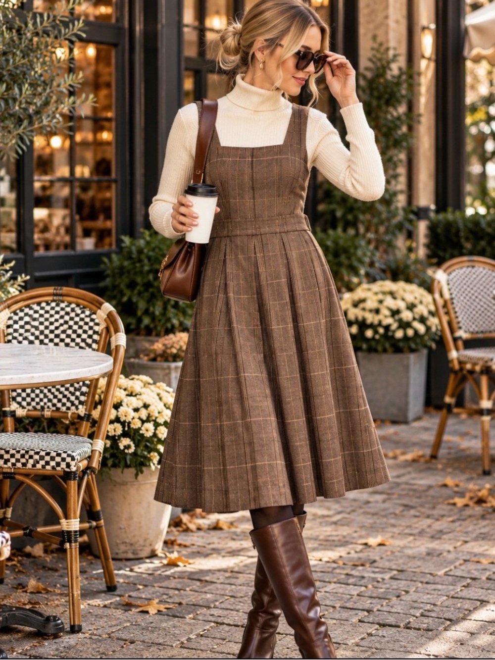 Brown Plaid Pinafore Midi Dress Pleated Dark Academia MYT Preppy Fall Jumper